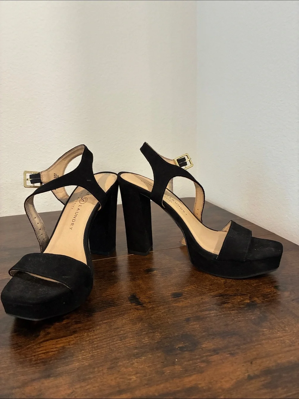 Black Platform Block Heel Sandals with Gold Buckles
